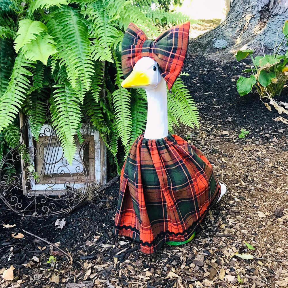 Porch Goose Dress & Bow Outfit For 18-23" Goose Handmade Fall Orange Black Plaid - Picture 4 of 13